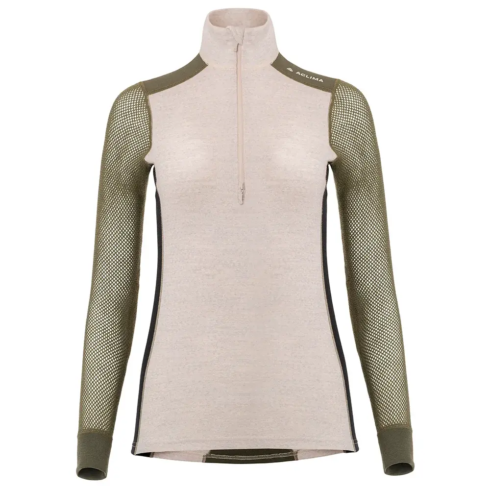 Aclima Термофутболка жіноча Aclima WoolNet Hiking Mock Neck beige melange /olive night /jet black